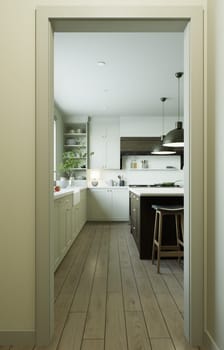 Beautiful bright kitchen in a new luxury house in a traditional style. Features a wood island, wood countertops, cabinets and wood flooring in the doorway. 3D rendering