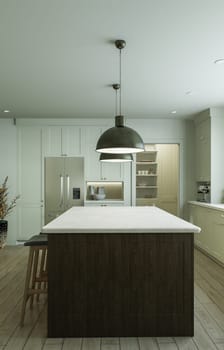 Beautiful bright kitchen in a new luxury house in a traditional style. Features a wood island, white stone countertops, cabinets and wood floors. 3D rendering