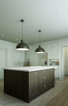 Beautiful bright kitchen in a new luxury house in a traditional style. Features a wood island, white stone countertops, cabinets and wood floors. 3D rendering