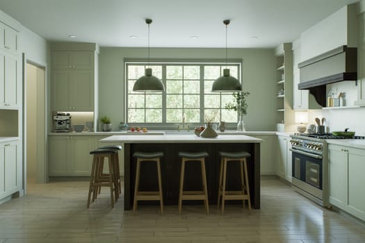 Beautiful bright kitchen in a new luxury house in a traditional style. Features a wood island, white stone countertops, cabinets and wood floors. 3D rendering