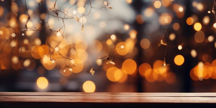 Empty wooden table top with abstract warm living room decor with christmas tree string light blur background with snow. generative ai.