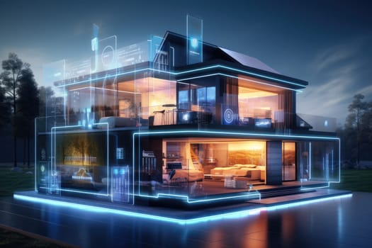 Real Estate concept. House with IoT interface on background. Generative AI.