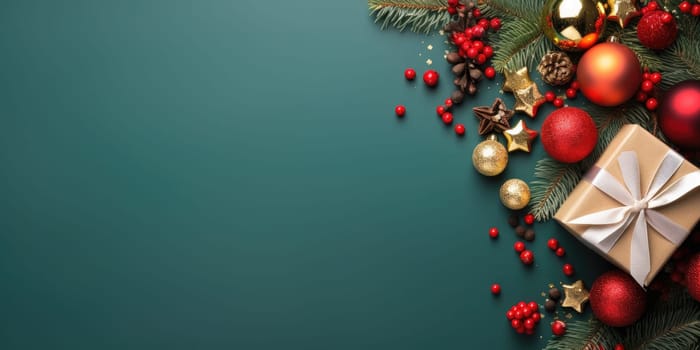Top view of composition with Christmas decorations and copy space on green background. New Year winter banner. Generative AI.