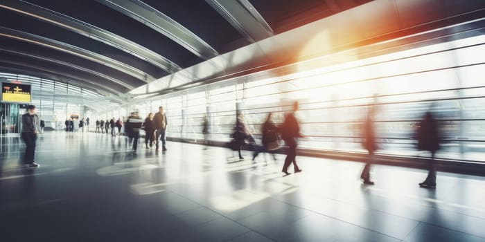 Crowded public place with people passing by, traffic flow motion blur effect. Generative AI.