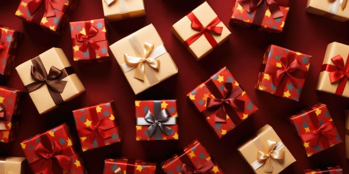 Set of gift boxes arranged on background, black friday discount and merry christmas concept. generative ai.