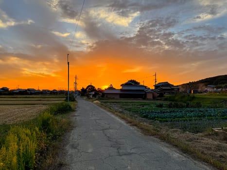Sun sets by country road and rural Japanese houses under dramatic sky. High quality photo