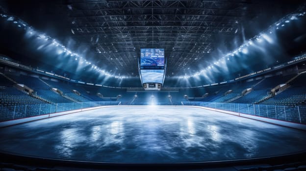 Hockey ice rink sport arena empty field. Empty hockey stadium in the spotlight. Sport AI