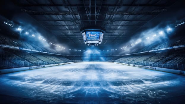 Hockey ice rink sport arena empty field. Empty hockey stadium in the spotlight. Sport AI