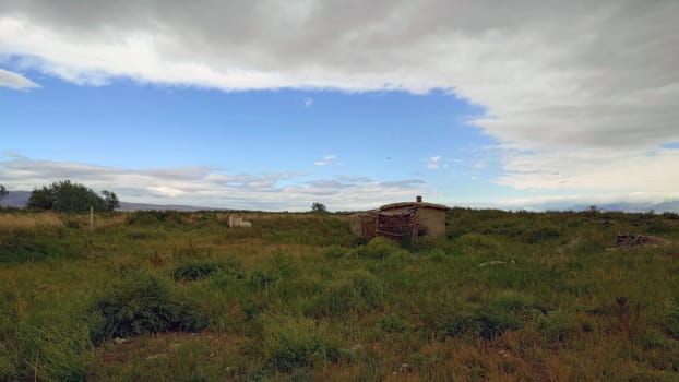An abandoned old house among overgrown grass. Yellow-green grass. A clay house with a chimney. Wooden doors. Birds are flying. White clouds in a blue sky. A strong wind is blowing. Kazakhstan