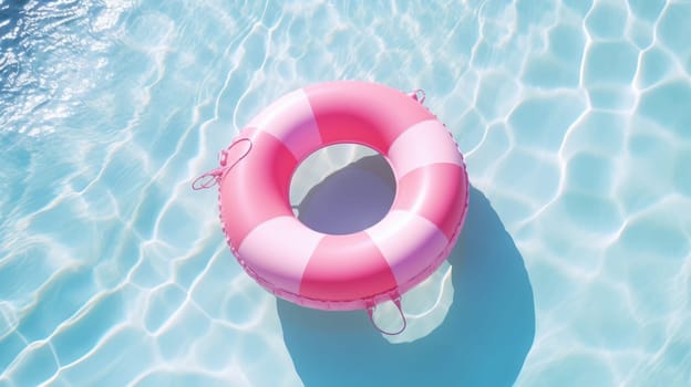 Pink lifebuoy on the water of the pool. View from above. Summer mood. AI