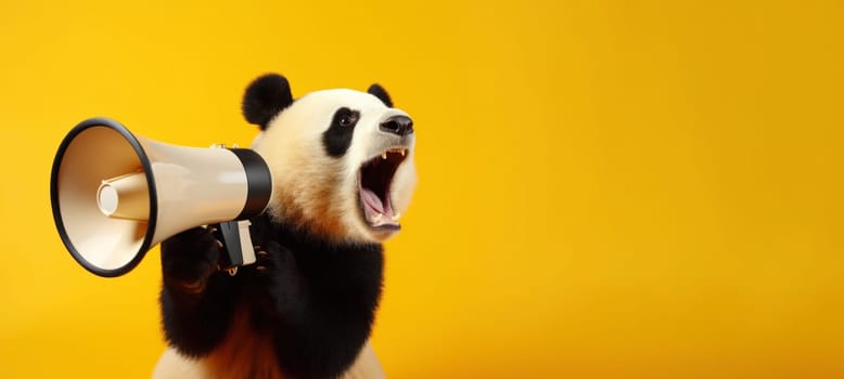 Panda with loudspeaker on yellow background.