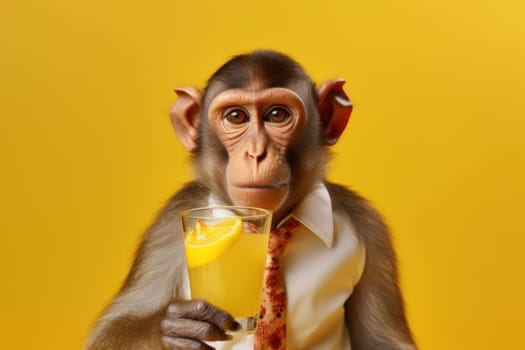 Cute monkey holding beverage glass on yellow background.