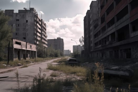 Post-apocalypse, world after nuclear war. Destroyed buildings and cities