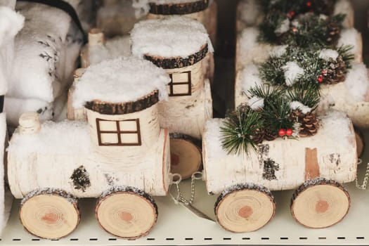 Children's wooden birch train for Christmas