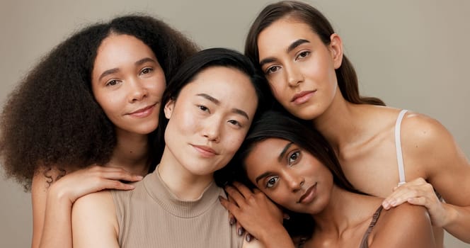 Diversity, beauty and women, portrait and cosmetics with wellness, dermatology and glow on studio background. Different skin, unique and inclusion with model group in a studio, skincare and face.