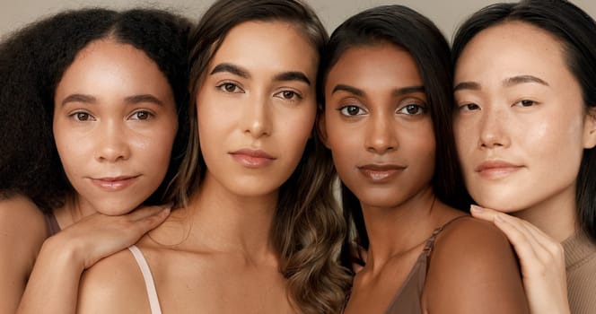 Women, natural beauty and face with diversity, skincare and wellness for inclusion in studio. Cosmetics, brown background and female group with dermatology, community and friends together for glow.
