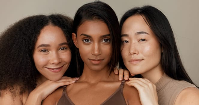 Women, underwear and beauty of diversity friends in studio for portrait, inclusion or wellness. Model people hug on neutral background as different body care, skin glow or natural cosmetic comparison.