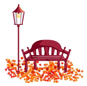 wood chair, street lights, maple leaves