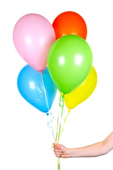 Hand holding balloons on white