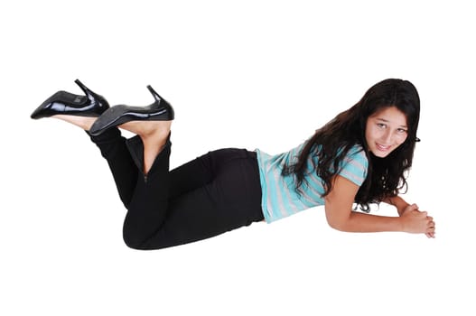 Girl lying on floor.