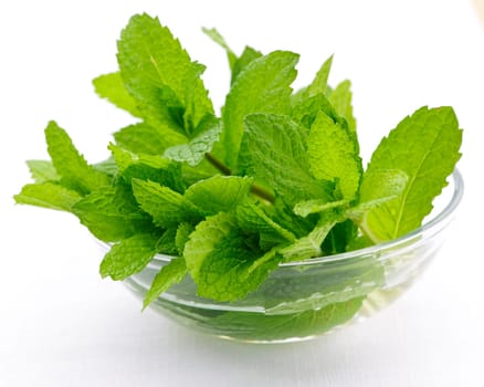 Mint sprigs in bowl