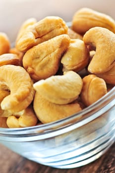 Cashew nuts in glass bowl