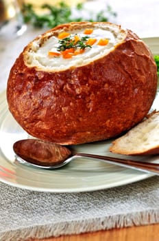 Soup in bread bowl