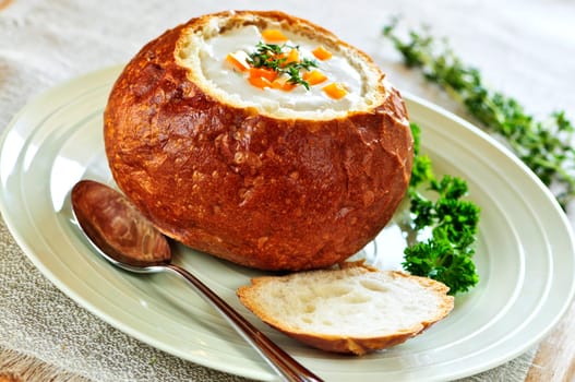 Soup in bread bowl