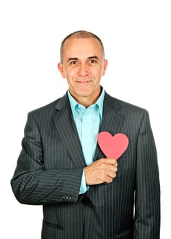 Man with paper heart on white background