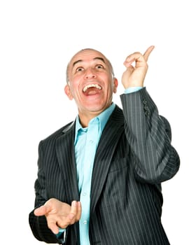 Laughing man pointing up