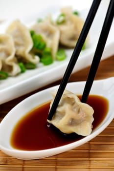 Steamed dumplings and soy sauce