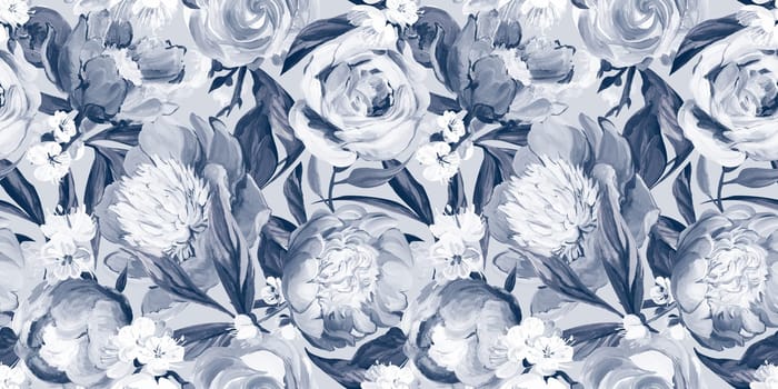Seamless monochrome spring pattern drawn in gouache with pink peonies for trxtile