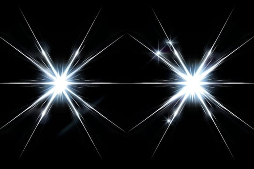 Bright starbursts on black background with radiating light beams.