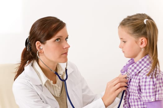 Female doctor examining child with stethoscope