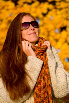 Autumn country sunset - red hair woman