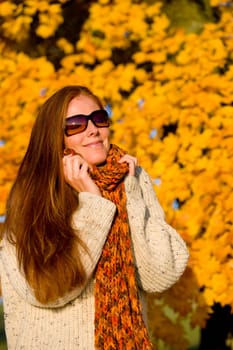 Autumn country sunset - red hair woman