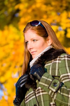 Autumn sunset park - red hair woman fashion
