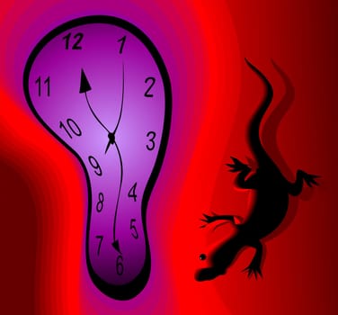 Digital painting of clock and lizard