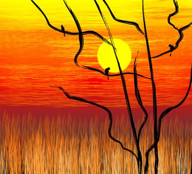 Digital painting of tree in a sunset
