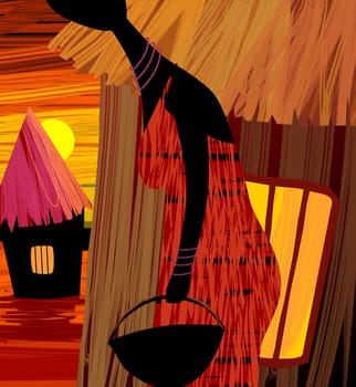 Digital painting of women near the hut.