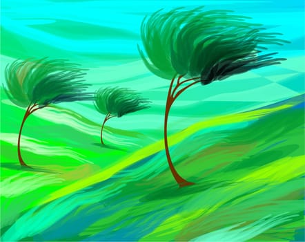 trees in grassland suffering strong wind