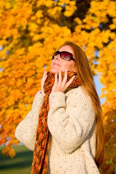 Autumn country sunset - red hair woman