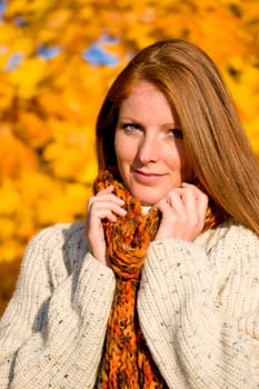 Autumn country sunset - red hair woman