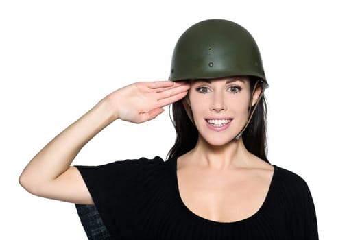 beautiful woman with helmet soldier saluting peace