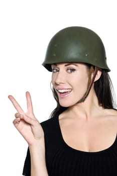 beautiful woman with helmet soldier saluting peace