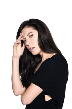 woman beautiful portrait migraine headache displeased annoyed