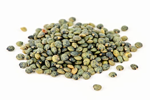 Pile of uncooked French lentils