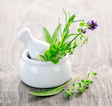 Healing herbs in mortar and pestle