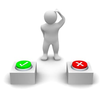 Man deciding which button to press