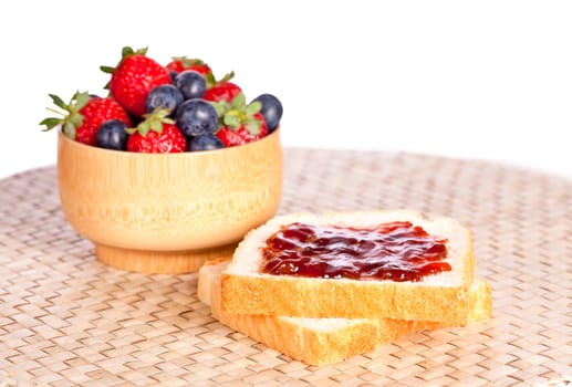 Two toast with jam, blueberries and strawberries